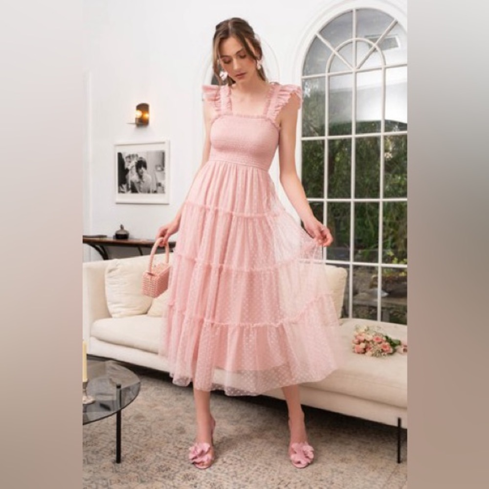 Hill house style tiered dress with ruffle shoulder in blush Swiss dot mesh.